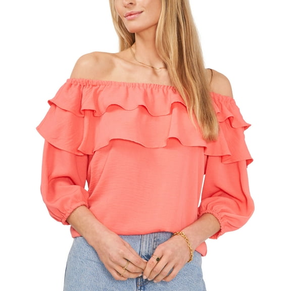 Sam Jess Womens Challis Ruffled Off The Shoulder Top Bay Coral XS
