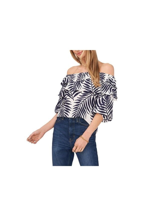 Sam Jess Womens Challis Ruffled Off The Shoulder Top Navy Palm XS