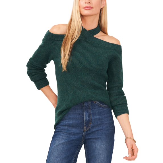Sam Jess Womens Long Sleeve Cold Shoulder Sweater Wise Green XS
