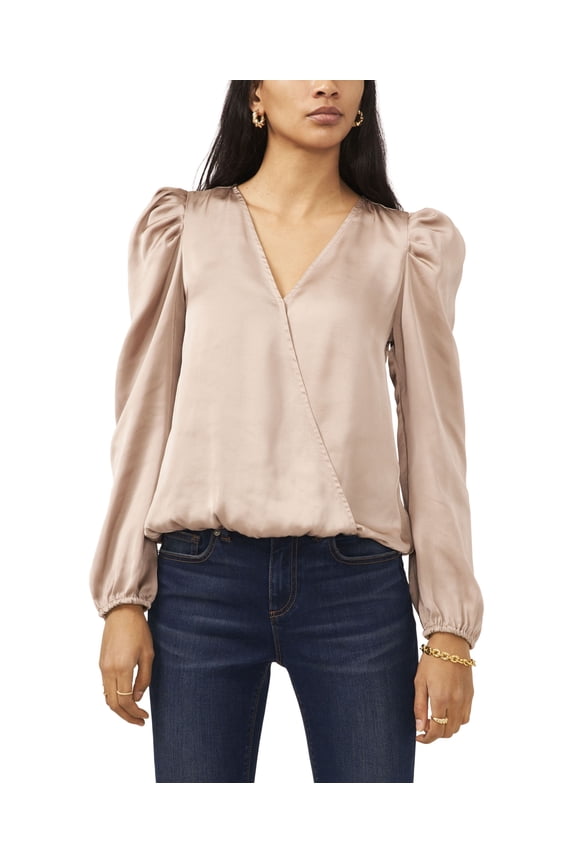 Sam Jess Womens Surplice Long Sleeve Puff Shoulder Top Champange Allure XS