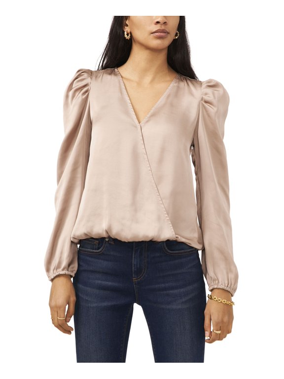 Sam Jess Womens Surplice Long Sleeve Puff Shoulder Top Champange Allure XS