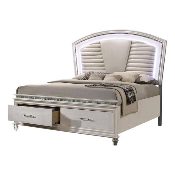 Sam King Bed with LED Lights-Storage-White Tufted Faux Leather