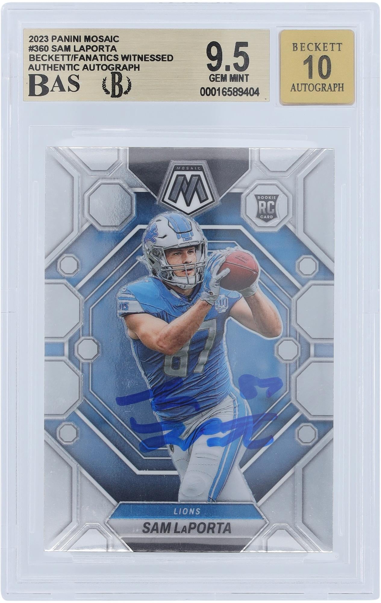 Sam LaPorta Detroit Lions Autographed 2023 Panini Mosaic #360 Beckett Fanatics Witnessed Authenticated 9.5/10 Rookie Card - Fanatics Authentic Certified