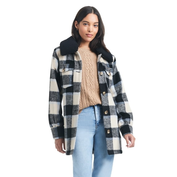 Sam & Libby Ladies Long Sleeve Faux Wool Plaid Shacket