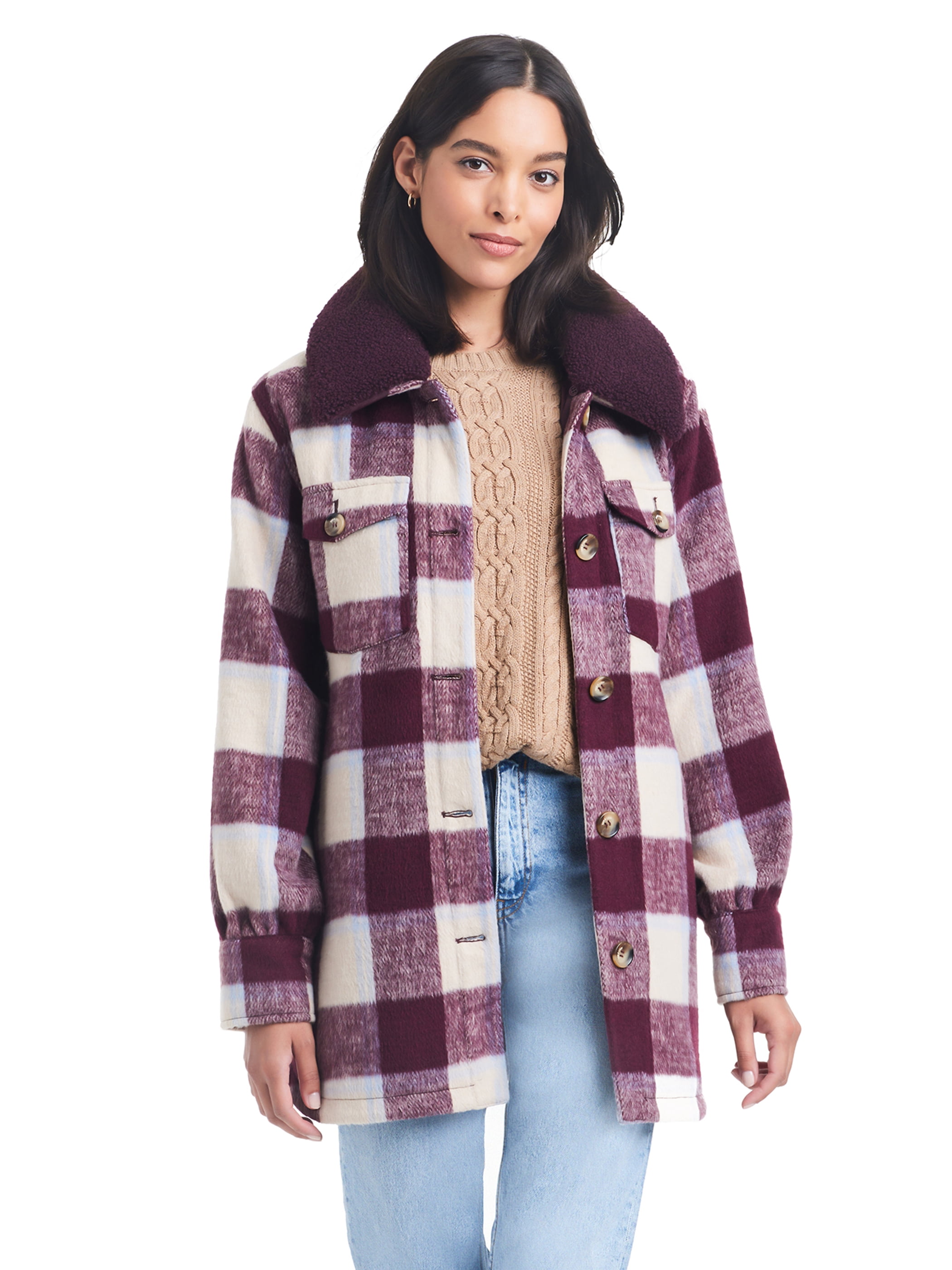 Sam & Libby Ladies Long Sleeve Faux Wool Plaid Shacket