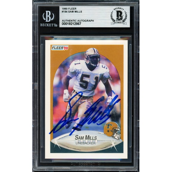 Sam Mills Autographed 1990 Fleer Card #194 New Orleans Saints Beckett BAS #19212867