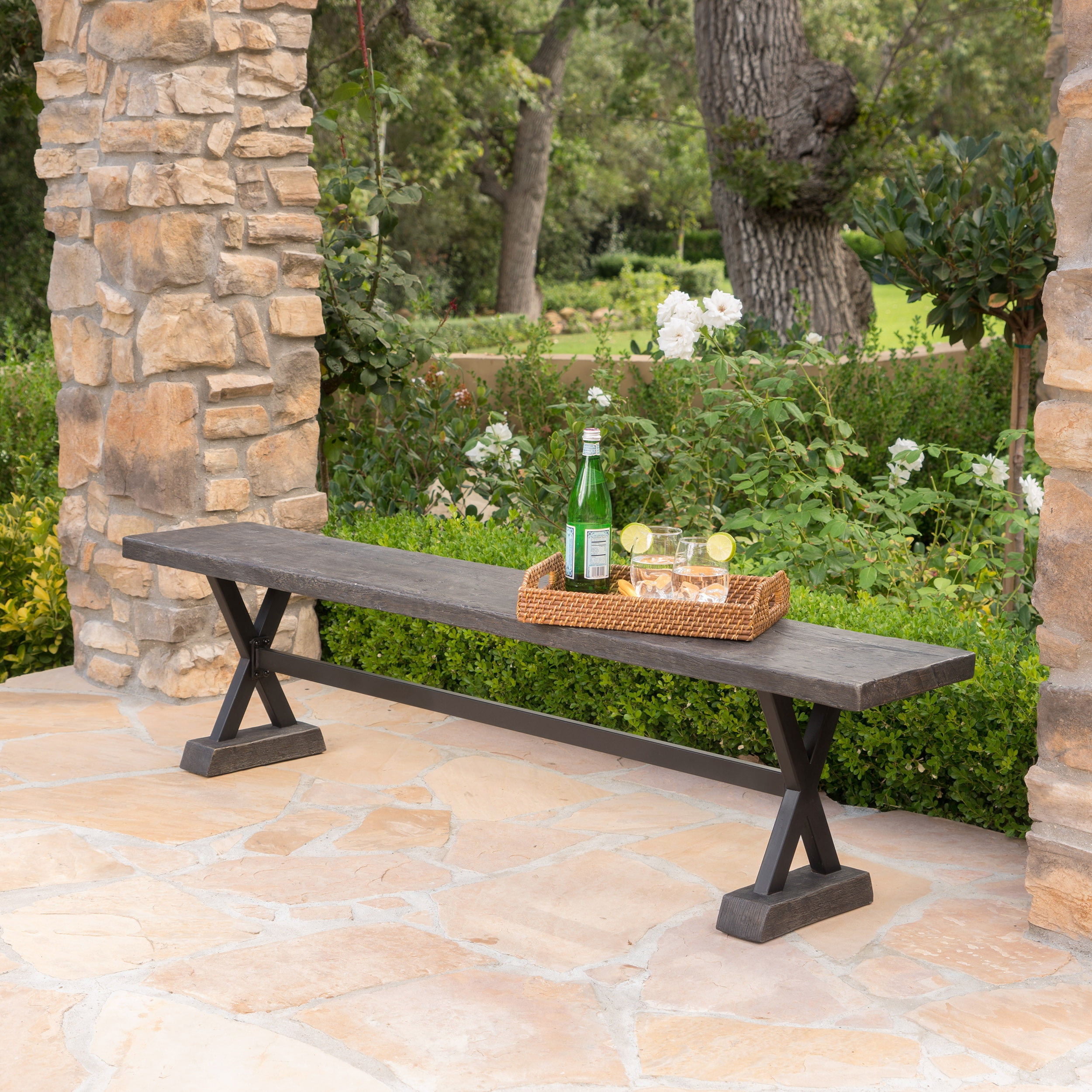 Sam Outdoor Concrete and Steel Dining Bench Brown Walmart