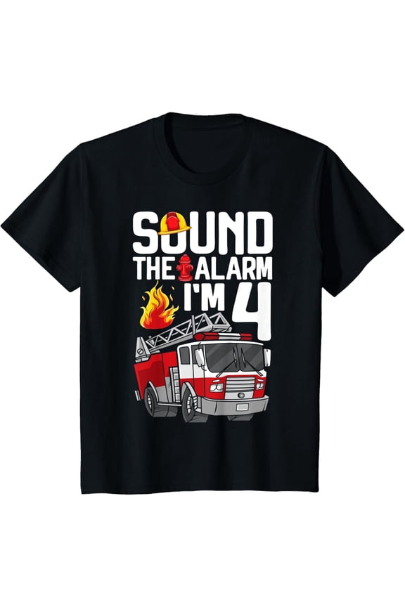 4 Year Old Firefighter 4th Birthday Boy Fire Truck 4yr T-Shirt Full Size S-5XL