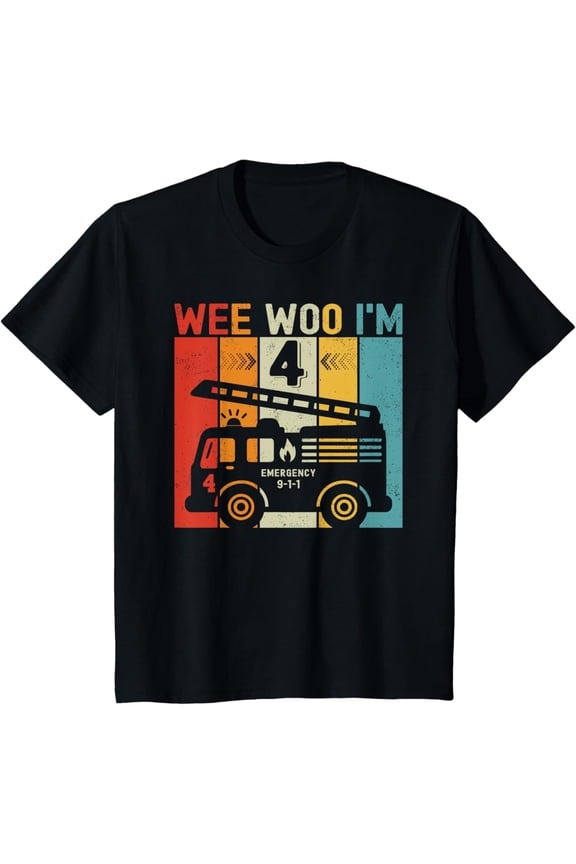 4th Birthday Boy Firefighter 4 Year Old Boy Fire Truck T-Shirt Full Size S-5XL