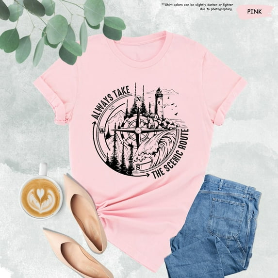 Sam Soft Always Take The Scenic Route Shirt, Camping Shirt, Nature Lover Tee, Compass Route, Mountain Shirt, Forest Adventure Shirt, Outdoors Tshirt