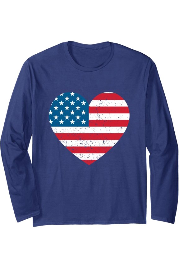 American Flag Heart 4th Of July Patriotic US Long Sleeve Sweatshirt Full Size S-5XL