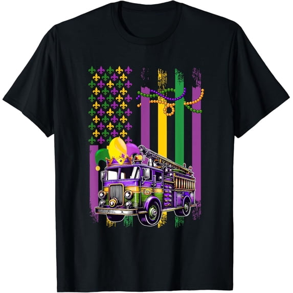 Sam Soft American Flag Mardi Gras Fire Truck Wearing Jester Hat Beads T-Shirt Full Size S-5XL