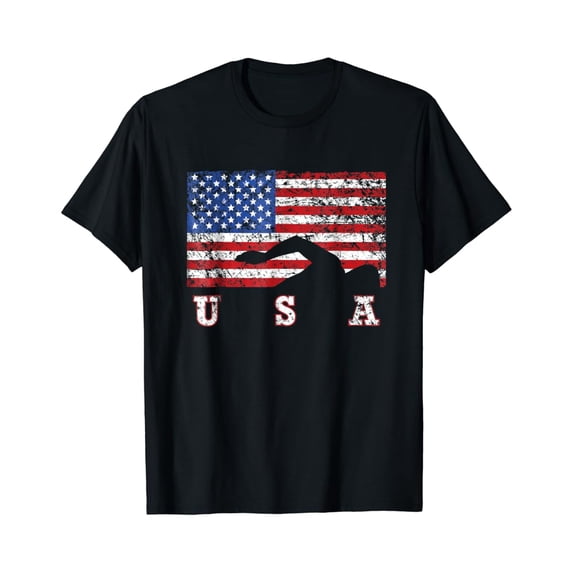 Sam Soft American Flag Swimming T-Shirt, Usa Gift, Swim Team Unisex Cotton Tee Full Size S-5XL