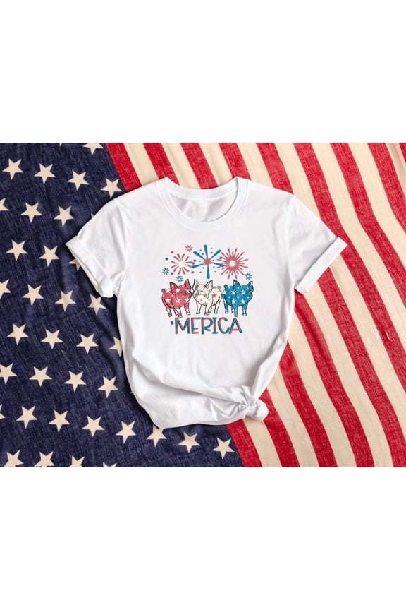 Baby Pig Merica Shirt, 4th Of July Rainbow Shirt, USA Flag Shirt Unisex Cotton Tee, Full Size S-5XL