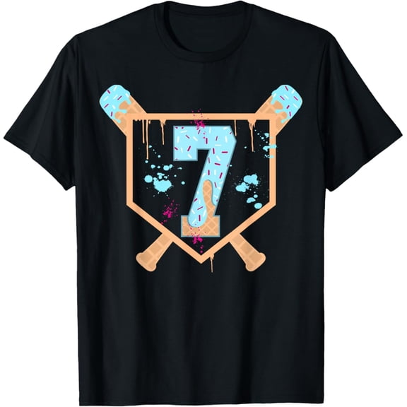 Sam Soft Baseball 7 Year Old Ice Cream Drip 7Th Birthday Boy Number 7 T-Shirt Full Size S-5Xl