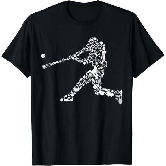 Sam Soft Batter Hitter Silhouette Filled With Baseball Things T-Shirt Full Size S-5Xl