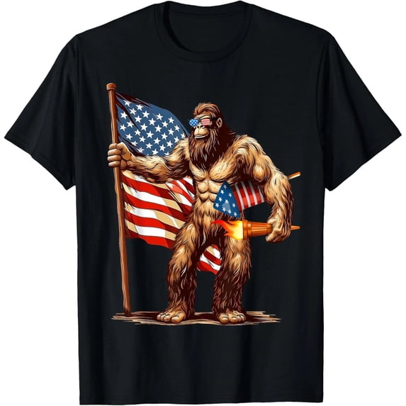 Sam Soft Bigfoot Fireworks 4th Of July Men Sasquatch US Flag Unisex Black T-Shirt Unisex Cotton Tee, Full Size S-5XL