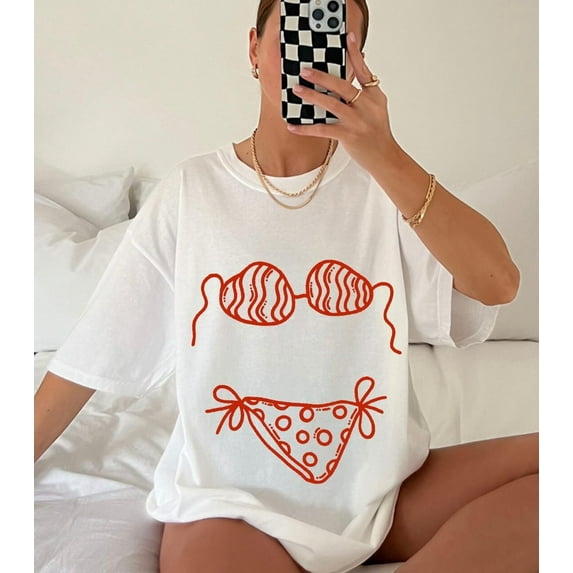 Sam Soft Bikini Doodle TShirt, Trendy Aesthetic Hand Drawn Swimming Suit Tee Unisex Cotton Tee, Full Size S-5XL