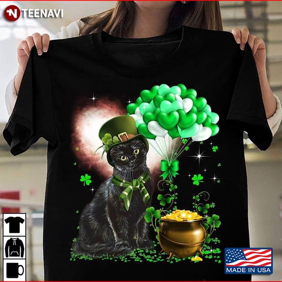 Sam Soft Black Cat With Balloons St Patricks Day Cotton Tee
