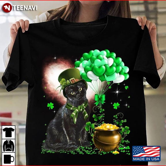 Sam Soft Black Cat With Balloons St Patricks Day Cotton Tee