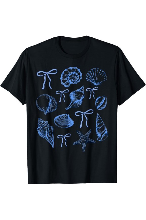 Blue Bow Coquette Seashell Coastal Starfish Ocean Beach T-Shirt