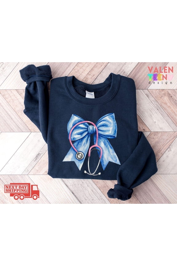 Blue Bow Nurse Sweatshirt, Nurse Stethoscope Sweater, RN ER Nurse Sweatshirt, Gift for Nurse, Blue Bow , Nurse Student Sweatshirt