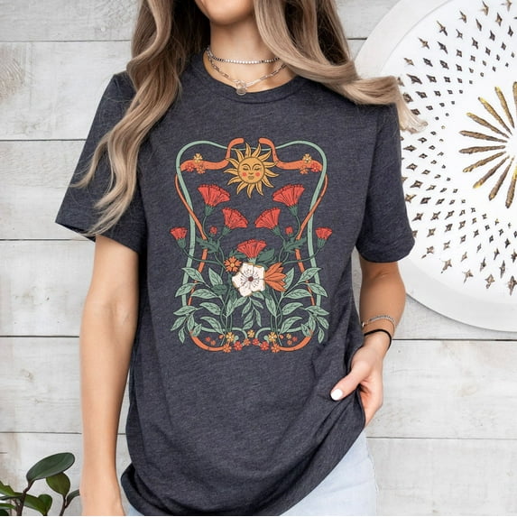 Sam Soft Boho Floral T-shirt, Boho Flowers Shirt, Art Nouveau Tee, Spiritual Shirts, Boho Wildflowers T-shirt, Floral Nature Shirt, Mystical Shirt
