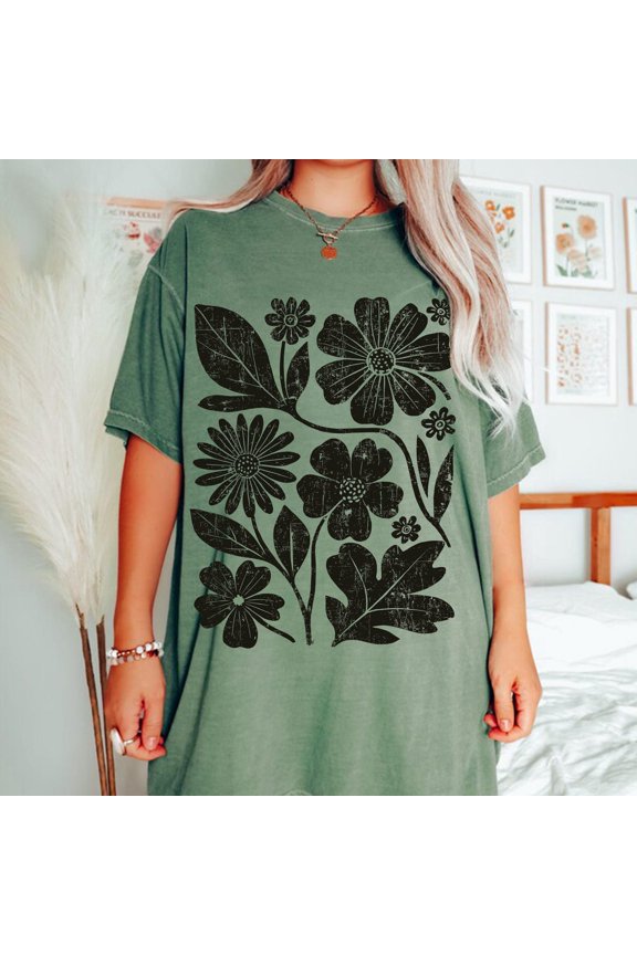 Boho Wildflowers Shirt, Distressed Flowers Tshirt, Floral Graphic Shirt, Flower Market, Soft Goth Fairy Core T-Shirt All Size S-5XL