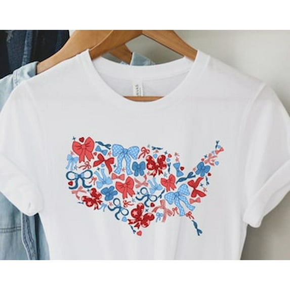 Sam Soft Bow 4th of July Shirt, Coquette Independence Day Tee, USA Map Red White Blue Shirt, Patriotic Shirt, American Tee, Fire Works