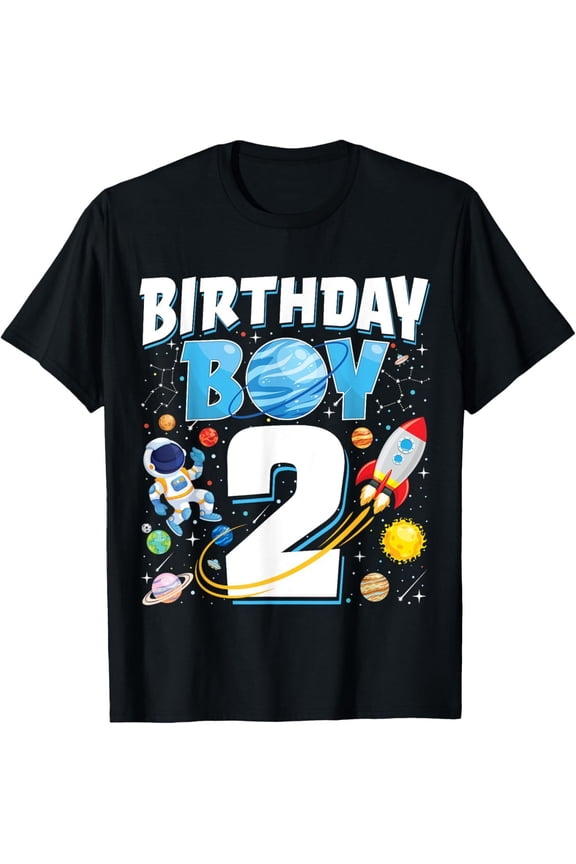 Boys 2Nd Birthday Astronaut Space Planets Two Years Old T-Shirt