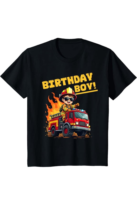 Boys Birthday Fire Truck Firefighter Bday Party fun T-Shirt Full Size S-5XL