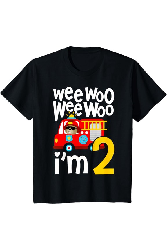Boys Birthday Wee Woo Wee Woo I'm 2 Red Fire Truck T-Shirt Full Size S-5XL