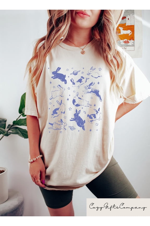 Bunnies In Space T-shirt, Retro Comfort Woman Shirt, Inspirational Mom Sweatshirt, Bunny Graphic Tee, Rabbit Lover Gift, Woman Apparel