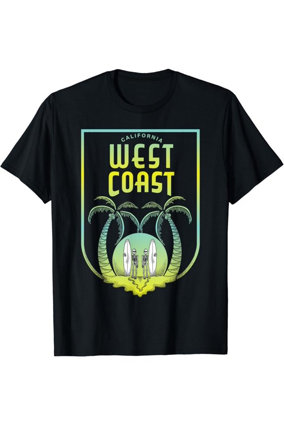 California West Coast Surfing Skeletons Beach Lovers & Surf T-Shirt