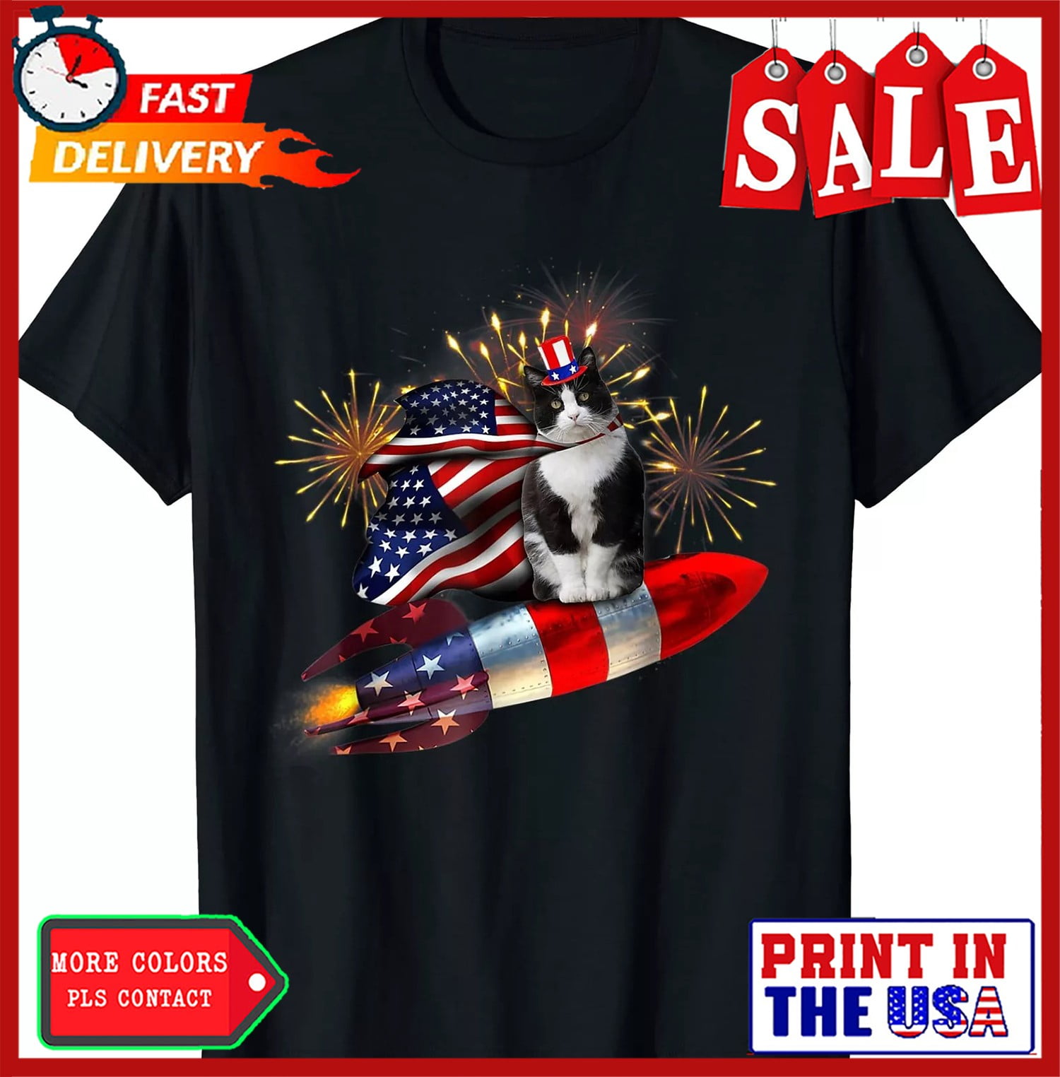 Sam Soft Cat Tuxedo 4Th Of July Rocket With Fireworks Usa Patriotic T ...
