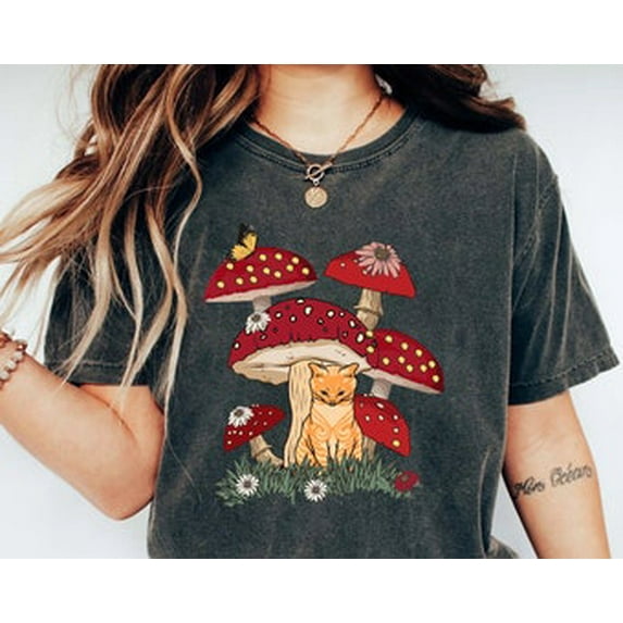 Sam Soft Cat and Mushroom Shirts, Goblincore Shirt, Cat Mushroom Shirt, Cat Lover Gift, Mushroom Tee, Cottagecore Shirt, Cat Owner Gift, Mushroom Tee