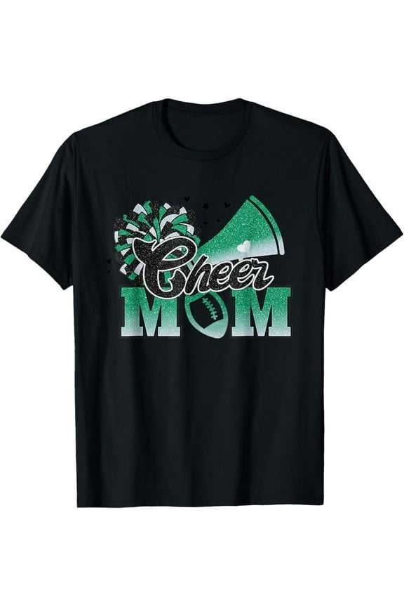 Cheer Mom Biggest Fan Cheerleader Black Green White Pom Pom T-Shirt Full Size S-5Xl
