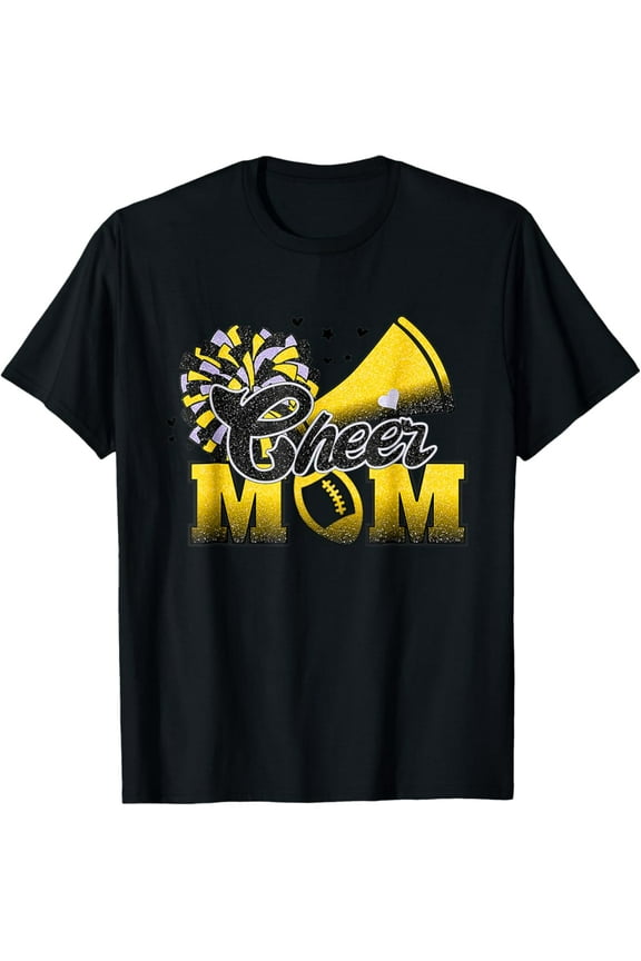 Cheer Mom Biggest Fan Cheerleader Black Yellow Gold Pom Pom T-Shirt Full Size S-5Xl