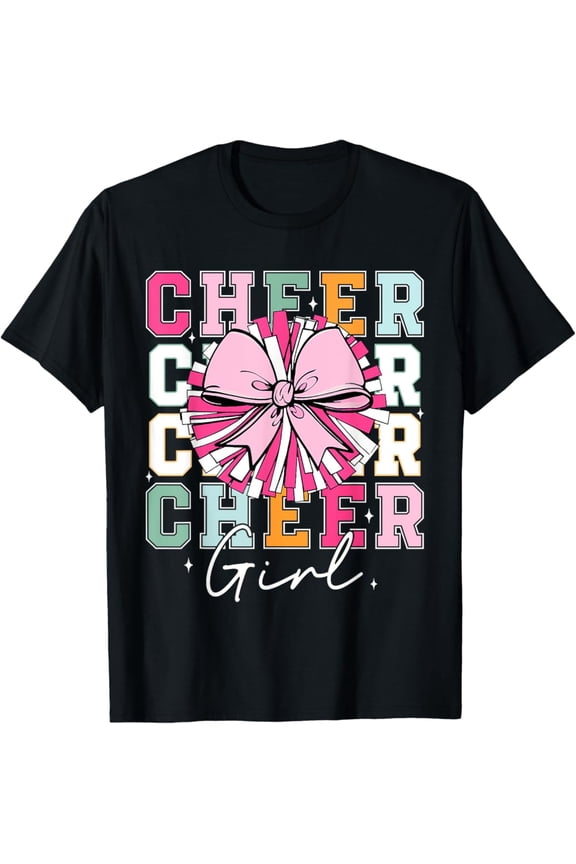 Cheerleader T-Shirt Cute Cheer Girl Coquette Bow Cheerleading Full Size S-5Xl