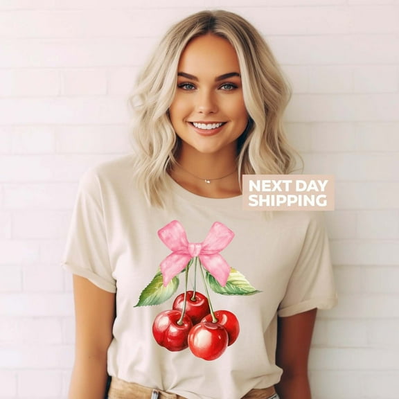 Sam Soft Coquette Cherry and Bow T-Shirt, Cute Cherries Shirt, Sweet Cherry Tee, Pink Ribbon T-Shirt, Coquette Shirt, Cute Aesthetic Gift For Woman
