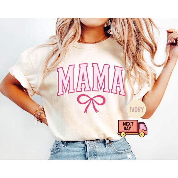 Sam Soft Coquette Mama Shirt, Coquette Bow T-shirt for Mom, Mothers Day Gift, Girly Mama Outfit, Baby Shower Gift for Expecting