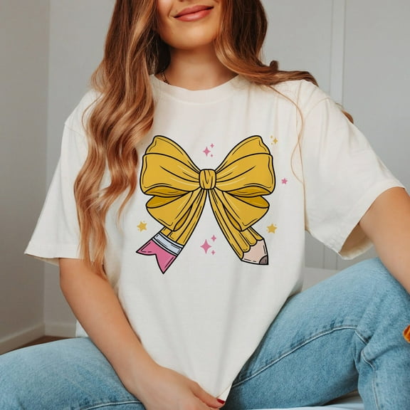 Sam Soft Coquette Teacher Shirt, Coquette Pencil Bow T-Shirt, Trendy Back to School Tee, Appreciation Gift, Elementary Teacher Gift