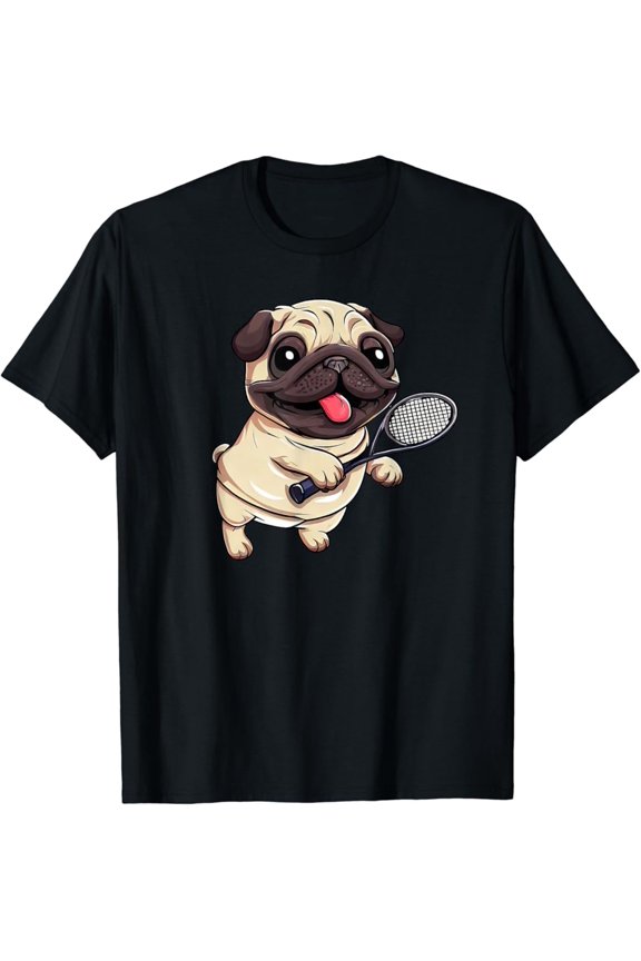 Cute Comic Pug Playing Tennis Design T-Shirt Full Size S-5Xl