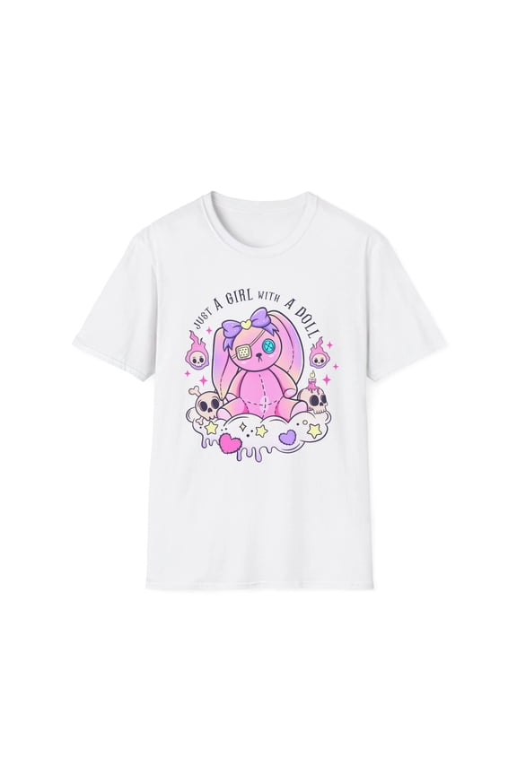 Cute Pastel Goth Bunny Doll Unisex White Cotton T-Shirt For Unisex Cotton Tee, Full Size S-5XL