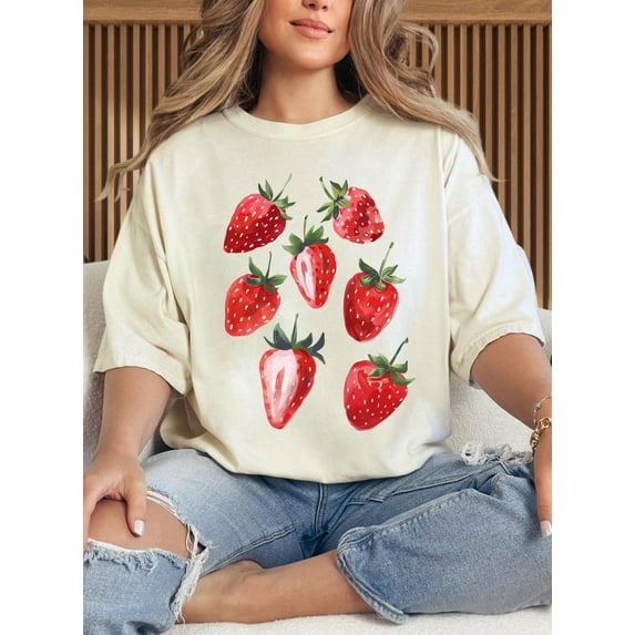 Sam Soft Cute Strawberry T-shirt, Summer Aesthetic Tee, Graphic Fruit Shirt for Women, Cottagecore Style