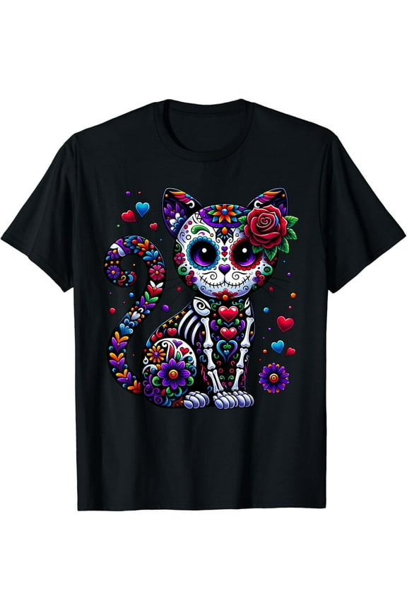 Dia De Los Muertos Cinco De Mayo Cat Sugar Skull Men Women T-Shirt