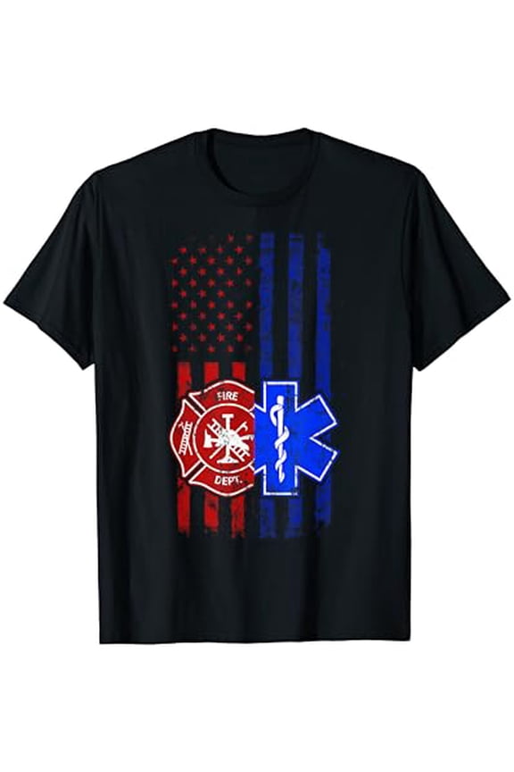 EMS Firefighter EMT Paramedic Tee First Responders US Flag T-Shirt Full Size S-5XL