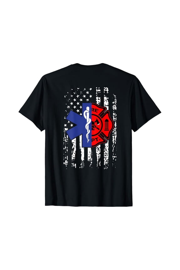 EMT Firefighter Shirt Firefighter American Flag Back Print T-Shirt Full Size S-5XL