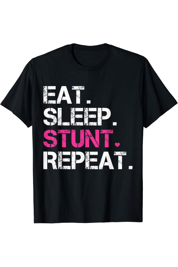 Eat Sleep Stunt Repeat Pink Cheerleader Girl Gift Cheer T-Shirt Full Size S-5Xl