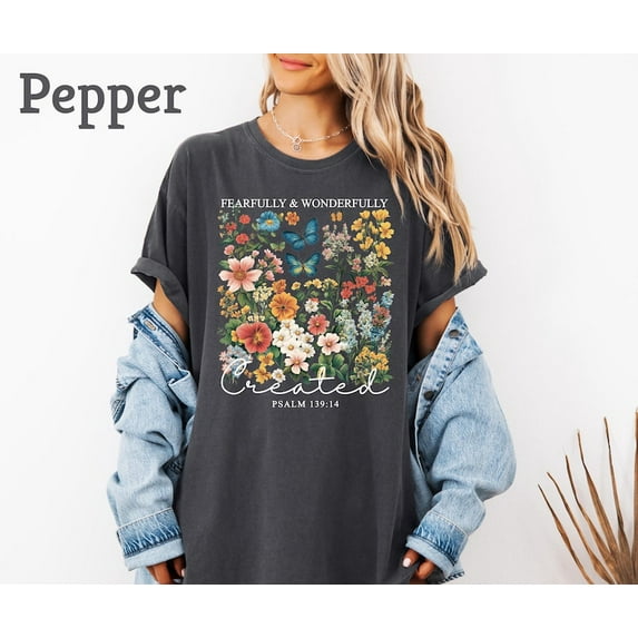 Sam Soft Fearfully And Wonderfully Created Shirt, Religious Woman T-Shirt, Cute Boho Bible Verse Shirt Gift, Floral Christian Tee